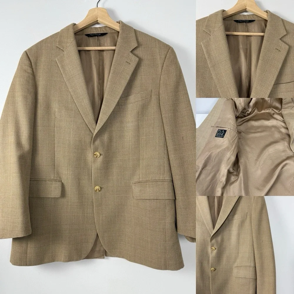 JoS A Bank Jacket Mens 42R Plaid Sport Coat Silk‎ Wool Blend Light Brown